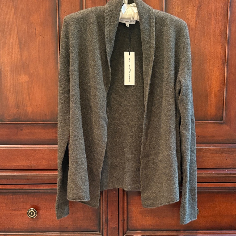 NWT White + Warren Essential Cashmere Mini Trapeze Cardigan Thyme Heather Size M
